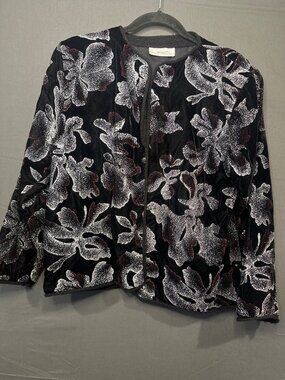 Vintage Savion Womens 10 Black Velvet Silver Floral Glitter Jacket Made USA